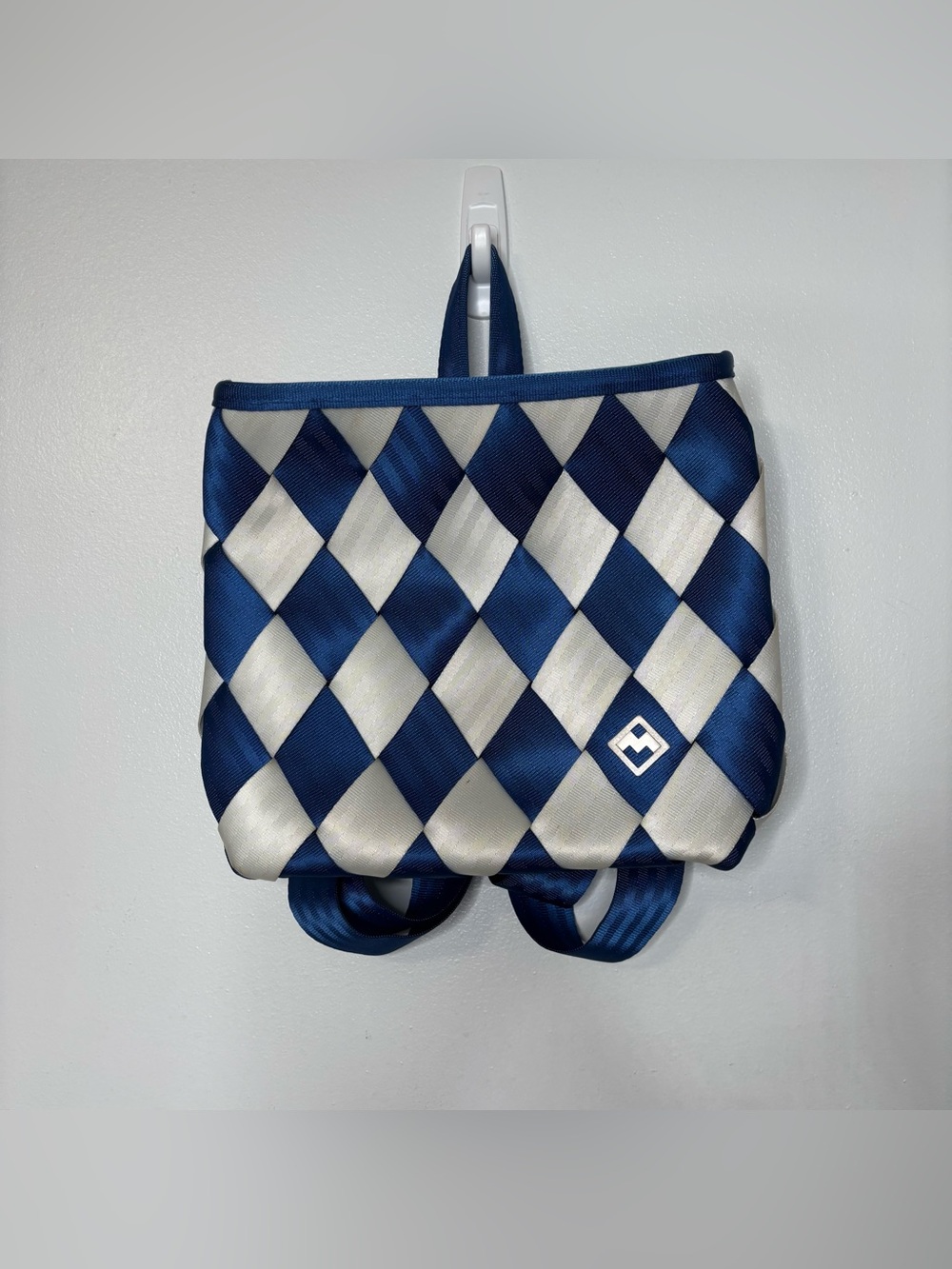 Maggie Bags Seatbelt Woven Backpack Blue White Checkered